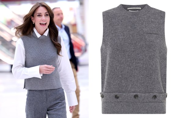 The Princess of Wales in a classic wool sweater-vest (left); Oroton’s button-detailed knit (right).  