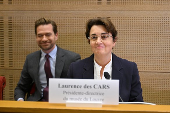 Louvre director Laurence des Cars (right) appears at a French Senate hearing on Wednesday.