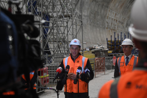 NSW Transport Minister Andrew Constance and Planning Minister Rob Stokes in the Victoria Cross Metro station site on Wednesday.