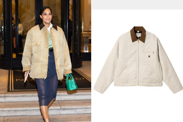Actor Tracee Ellis Ross (left) layers a classic utility jacket with luxe fabrics; Carhartt’s corduroy-collared jacket (right).