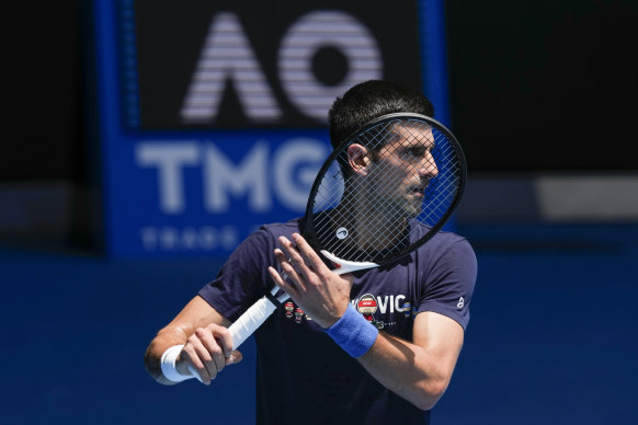 Novak Djokovic training at Melbourne’s Rod Laver Arena yesterday. 