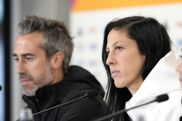 Spain’s Jennifer Hermoso, right, and head coach Jorge Vilda in Sydney.