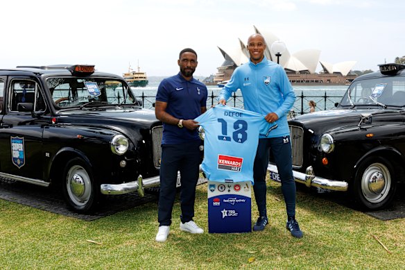 Former Spurs star Jermain Defoe and Sydney FC’s Marcel Tisserand on Monday.