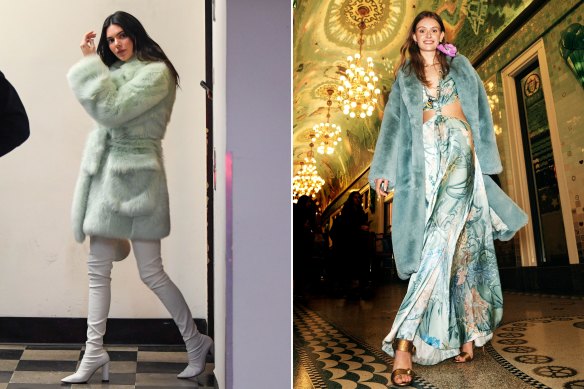 The big-fur-coat trend, as modelled by Kendall Jenner (left); Camilla’s take (right).