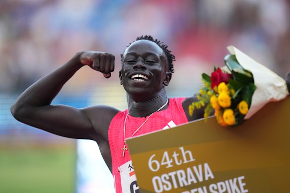 Gout Gout celebrates after winning the men 200 metres during the Ostrava Golden Spike athletics meet.