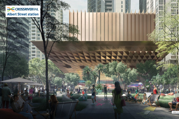 Concept image of the new train station and plaza at Albert Street as part of Cross River Rail.