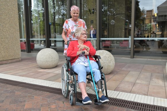 Carol Todd (in wheelchair) outside the Federal Court after giving evidence on Monday.