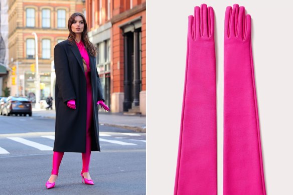 Model Emily Ratajkowski in the pink (left); Valentino opera gloves (right).  