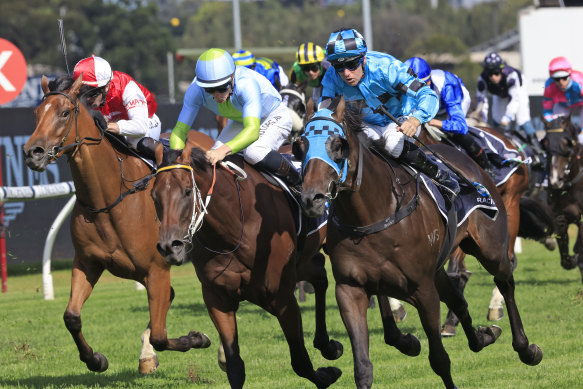 Mo’unga (right) wins the group 1  Rosehill Guineas.