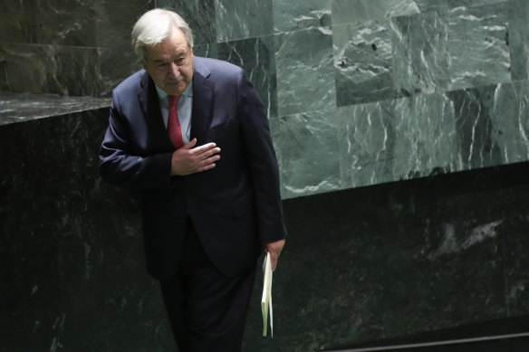 United Nations Secretary-General Antonio Guterres acknowledges the audience applause after addressing the 78th session of the UN General Assembly on Tuesday.