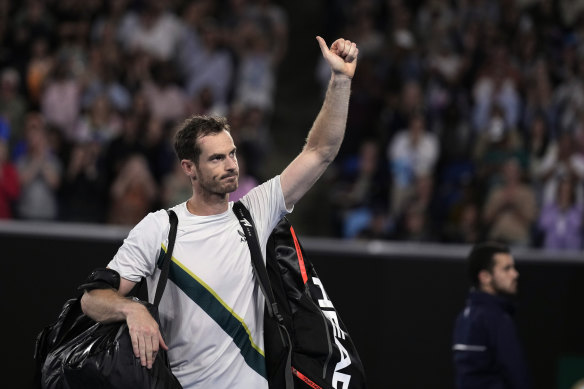 Andy Murray waves as he leaves Margaret Court Arena after his third-round loss to Roberto Bautista Agut.