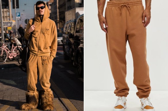 Take a small step to Moschino’s all-in matching sweats and boots (left) with toast-coloured, toasty trackie pants by New Balance (right).