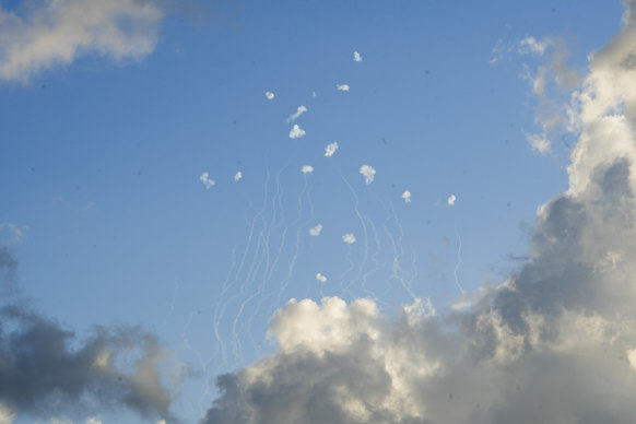 Israeli Iron Dome air defence system fires to intercept rockets that were launched from Lebanon.