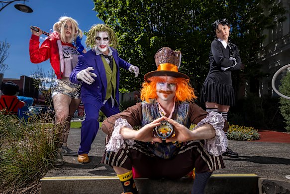 The team from Xlent Events brings characters to life on Thursday. From left: Jessica Robinson as Harley Quinn, Aaron Smith as the Joker, Timmy Hickey as the Mad Hatter and Margaret Caddy as Wednesday Addams. 