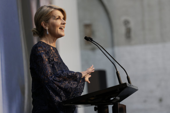 Julie Bishop, wearing one of Carla Zampatti’s final designs, at Australian Fashion Week on Monday.