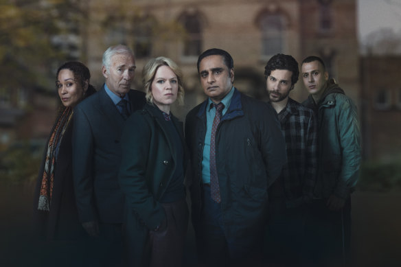 Martina Laird, Ian McElhinney, Sinead Keenan, Sanjeev Bhaskar, Max Rinehart and Rhys Yates in season five of cold-case drama Unforgotten.