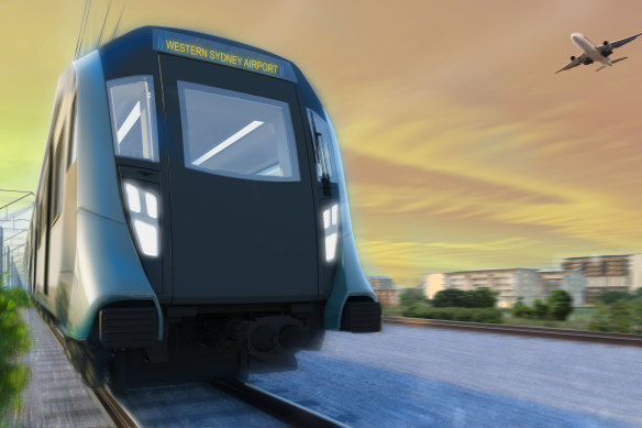 An artist’s impression of a train on the  new Sydney airport metro line.