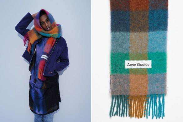 A full-spectrum hit: Acne Studios’ rainbow plaid scarf.