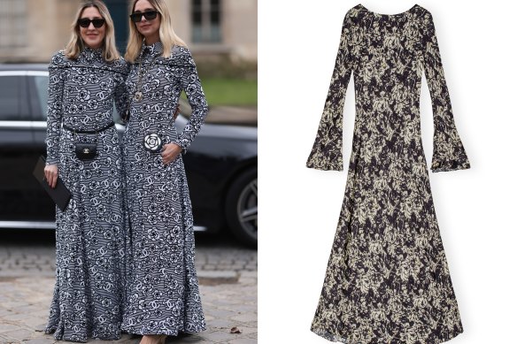 Winter maxi-dress action on Paris’ streets during Fashion Week (left); Ganni’s floral frock (right).