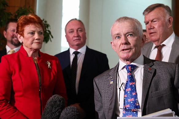 One Nation senator Malcolm Roberts pictured with party colleagues Pauline Hanson, Barnaby Joyce and David Farley.