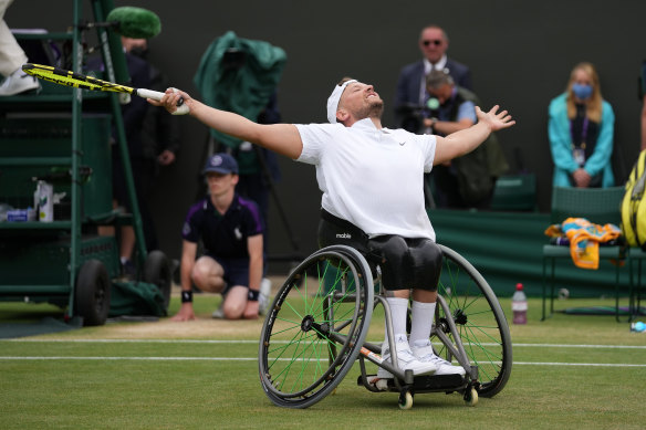Dylan Alcott’s tennis career is just one of the highlights of the 33-year-old’s resume. Here, he celebrates winning Wimbledon.