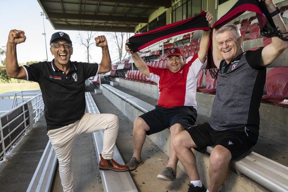 Osman Jebara, George Ellul and Brian Dene of the Parramatta Eagles will cheer on Socceroos star Mitch Duke as he takes to the field on Thursday morning.