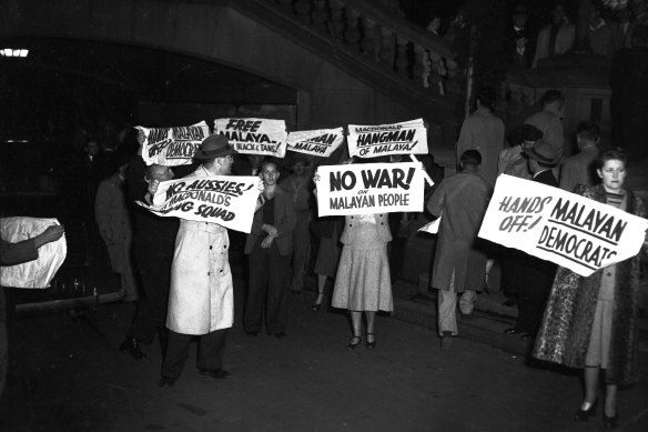 "No war on Malayan people": Communists demonstrate at Sydney Town Hall, 13 May 1950.