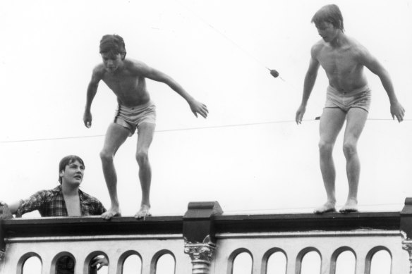 Melburnians jumping off the Princes Bridge into the Yarra on a hot summer’s day in 1982.