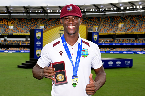 Shamar Joseph with the Richie Benaud Medal.