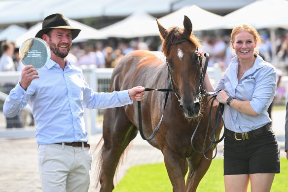 Trainer Ciaron Maher (left) with the triumphant Jimmysstar after the group 1 Oakleigh Plate.