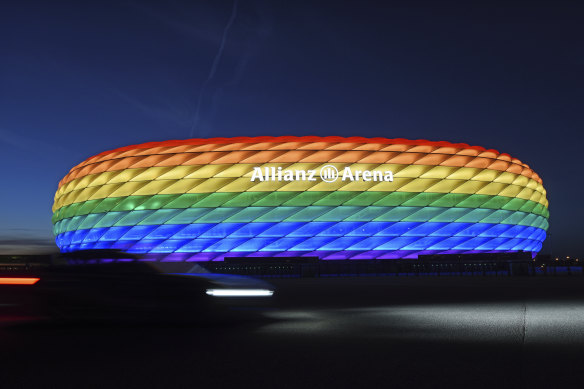 Munich’s stadium was illuminated in rainbow colours in 2016, but won’t be allowed to do the same during Wednesday’s match.