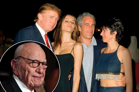 Donald Trump with his now-wife, Melania, alongside Jeffrey Epstein and Ghislaine Maxwell at Trump’s Mar-a-Lago resort in 2000. Inset: Rupert Murdoch.