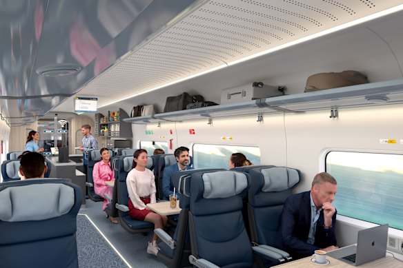 Render of a business-class carriage on a high-speed train.