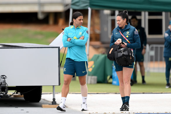 Sam Kerr sports a bandage on her injured calf at Matildas training on Monday.