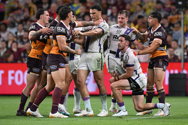 Reimis Smith of the Storm scores a try during the NRL Round 12 match  between the Redcliffe Dolphins and the Melbourne Storm at Suncorp Stadium  in Brisbane, Saturday, May 20, 2023. (AAP