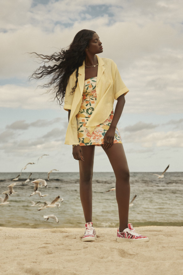 Lover “Lara” shirt, $160, and “Limonata” dress, $240, from The Iconic. Veja x Marni “V-10 Marsala” sneakers, $410. Arms of Eve “Harper” ring, $69, from The Iconic.