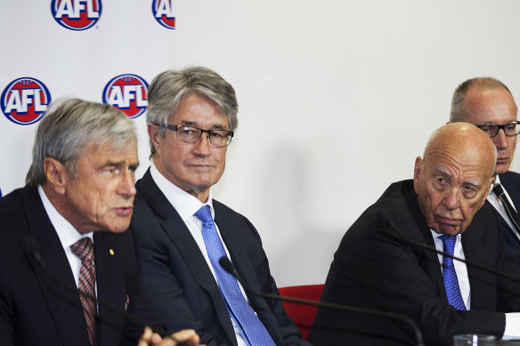 Kerry Stokes (left) and Rupert Murdoch at the AFL rights announcement in 2015