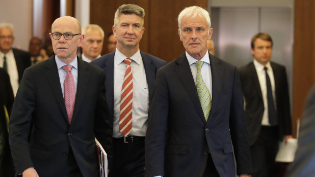 Matthias Mueller, right, CEO of the Volkswagen AG, and Thomas Steg, left, Volkswagen's former head of external relations, in August, 2017.