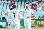 Josh Hazlewood of Australia celebrates the wicket of Ryan Rickelton of South Africa.