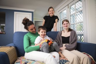 Jessica Seen, a Sydney client of 99aupairs, with son Charlie, 3. Her new au pair Giulia Spinelli (green top) is from overseas and her departing au pair Madeline Warr is from Australia, and will take up another placement in Melbourne.