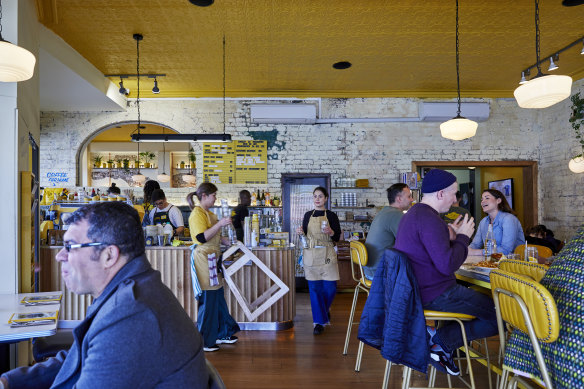 Inside the cheerful cafe.