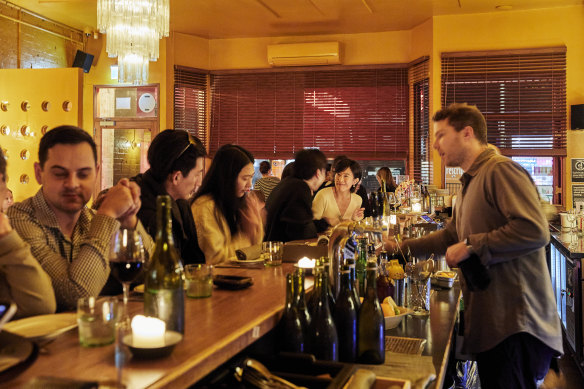 The bar, with its spacious counter, is the place to be.