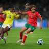 Fatima Tagnaout of Morocco controls the ball against Linda Caicedo of Colombia during the Group H match at Perth Rectangular Stadium.