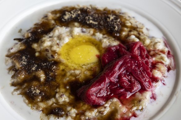 Buckwheat porridge with cultured butter and poached fruit.