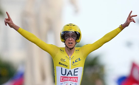 Tadej Pogačar after winning a stage in the 2024 Tour de France.