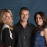 Margot Robbie, left, returns to Neighbours for the finale. She’s seen here with Ryan Moloney and Kym Valentine in 2010.