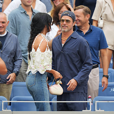 Brad Pitt and Ines de Ramon at the men’s singles final of the US Open tennis championships Sept. 13, 2026, in New York.