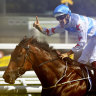 Hugh Bowman gives a salute on Forbidden Love in the Canterbury Stakes.