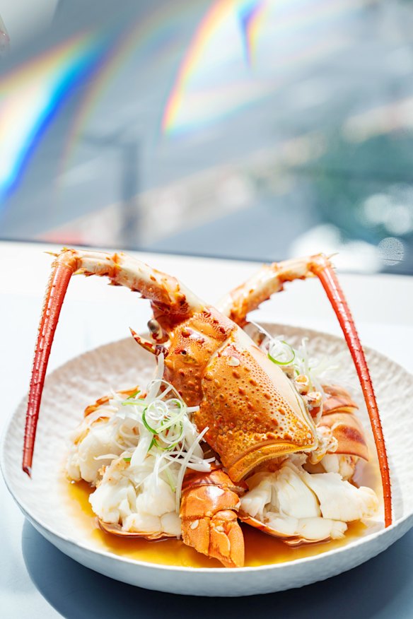 Rock lobster with preserved plums, ginger, smoked pork stock and licorice root.