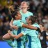 Mary Fowler, Steph Catley and Caitlin Foord of the Matildas celebrate during the team’s match against Canada on Monday night.